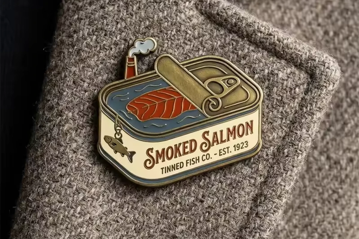 A salmon tin pin worn on textured fabric.