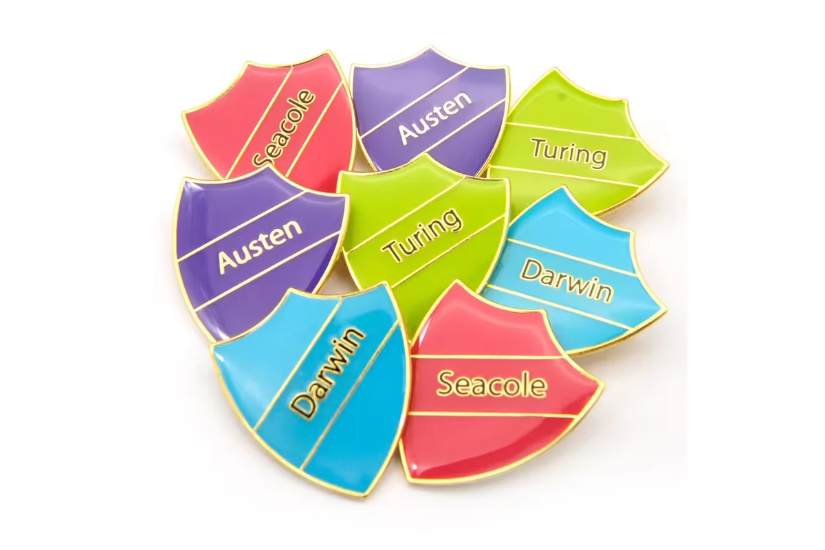 Shield-shaped school house badges in several colors with different names.