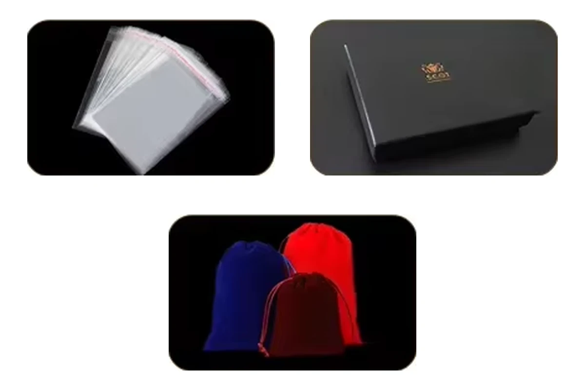 Individual clear bags, a paper presentation box and velvet drawstring pouches.