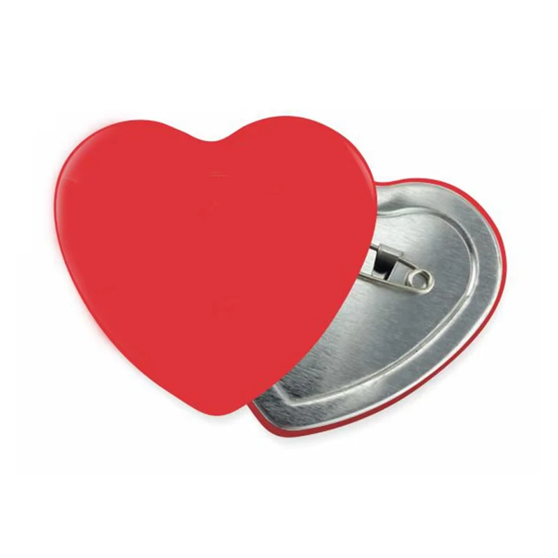Red heart-shaped badge in front of its silver pin-back.