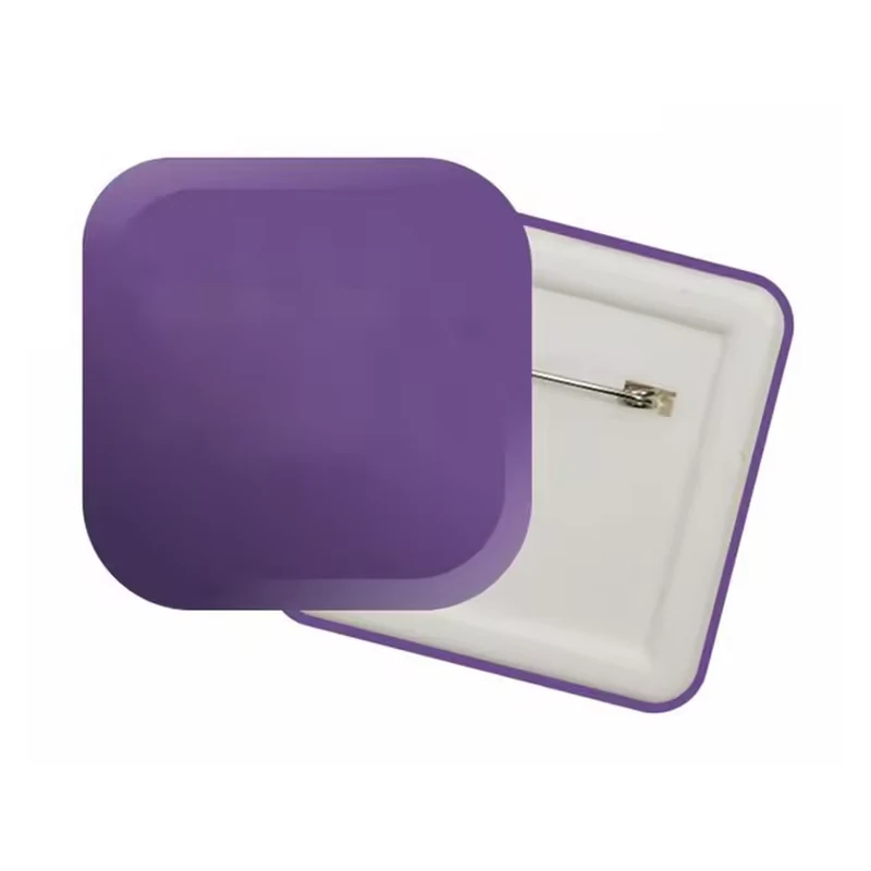 Purple square printed badge with a silver safety-pin back.