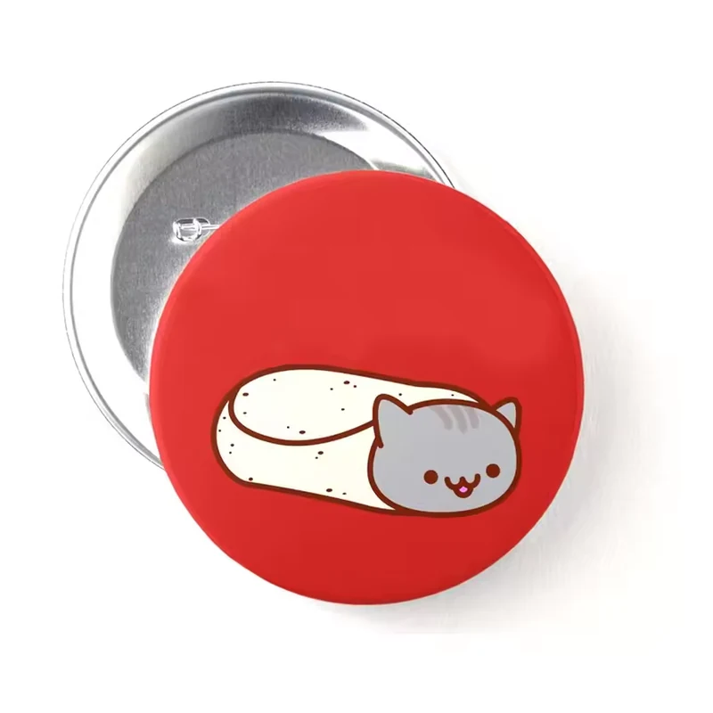 Red round badge with a sleeping cat illustration and a silver back.