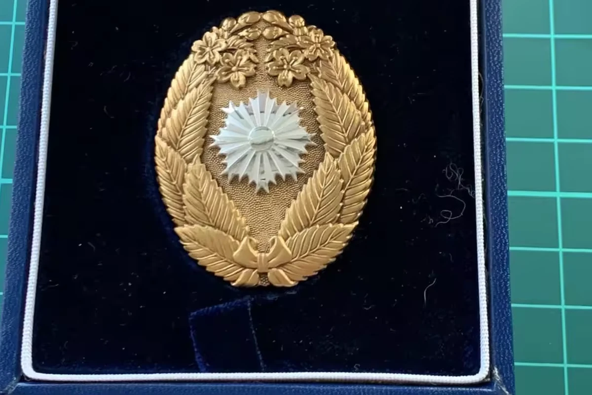 A gold-colored relief badge displayed inside a dark velvet-lined presentation box.