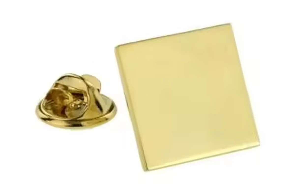 Plain gold square pin face beside a gold butterfly clutch.