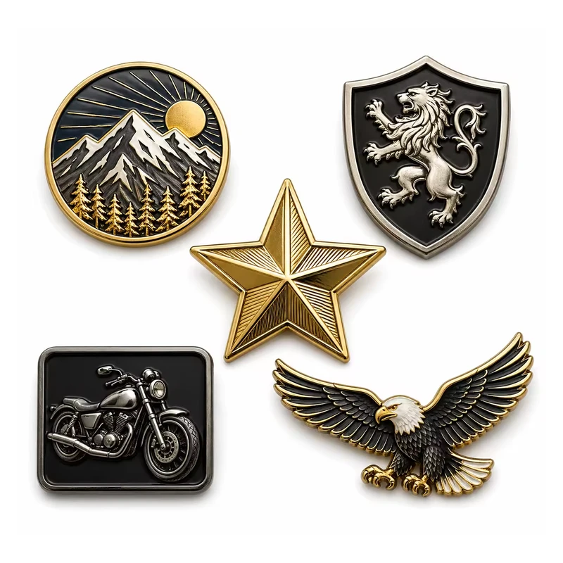 Mountain, lion shield, star, motorcycle and eagle pins with raised gold-colored metal details.