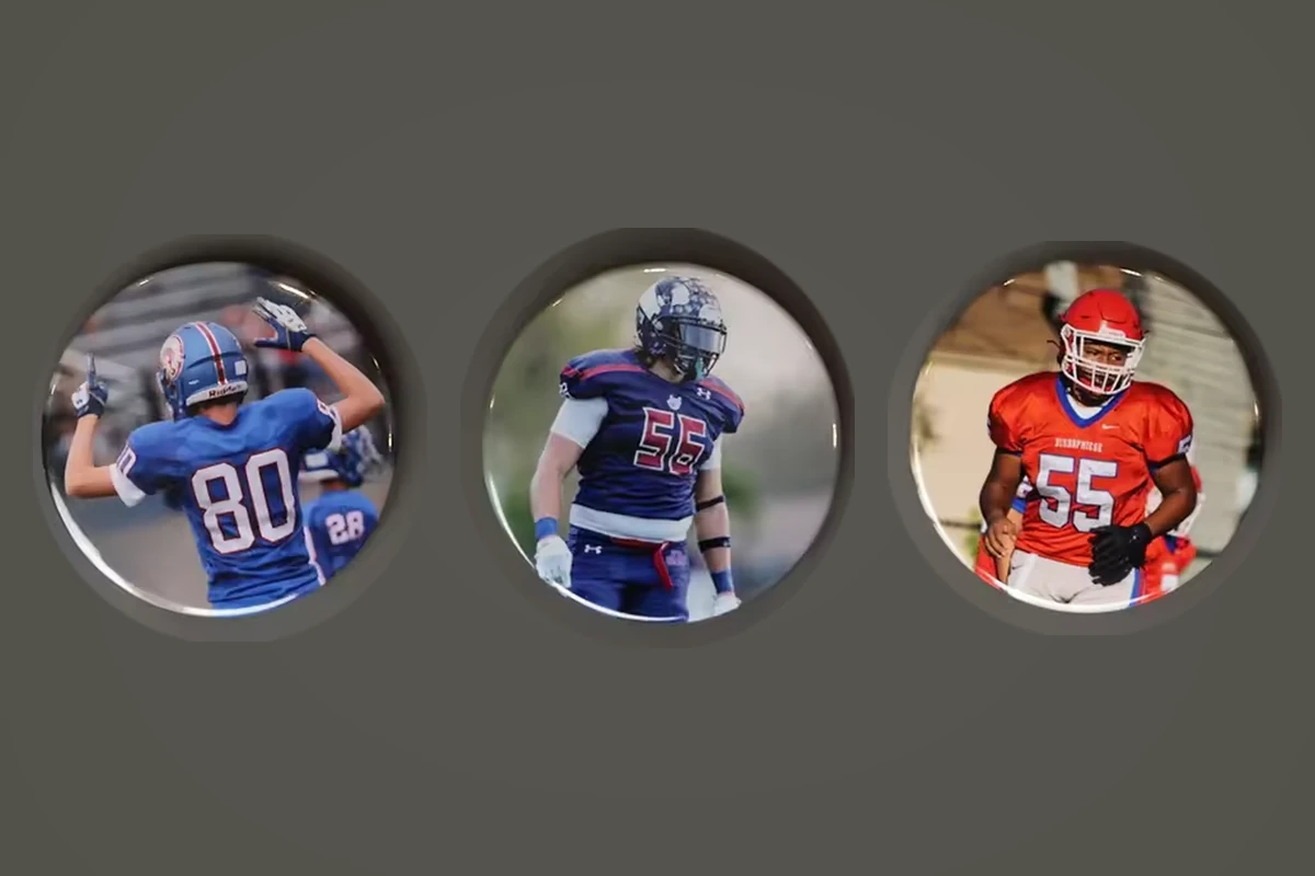 Three round pins showing photographs of American football players on a dark background.