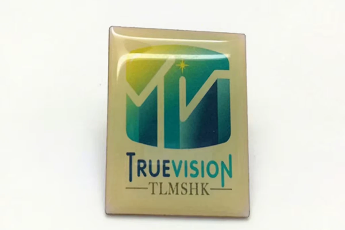 A gold-colored rectangular logo pin with a blue-green gradient graphic and fine lettering beneath a glossy surface.
