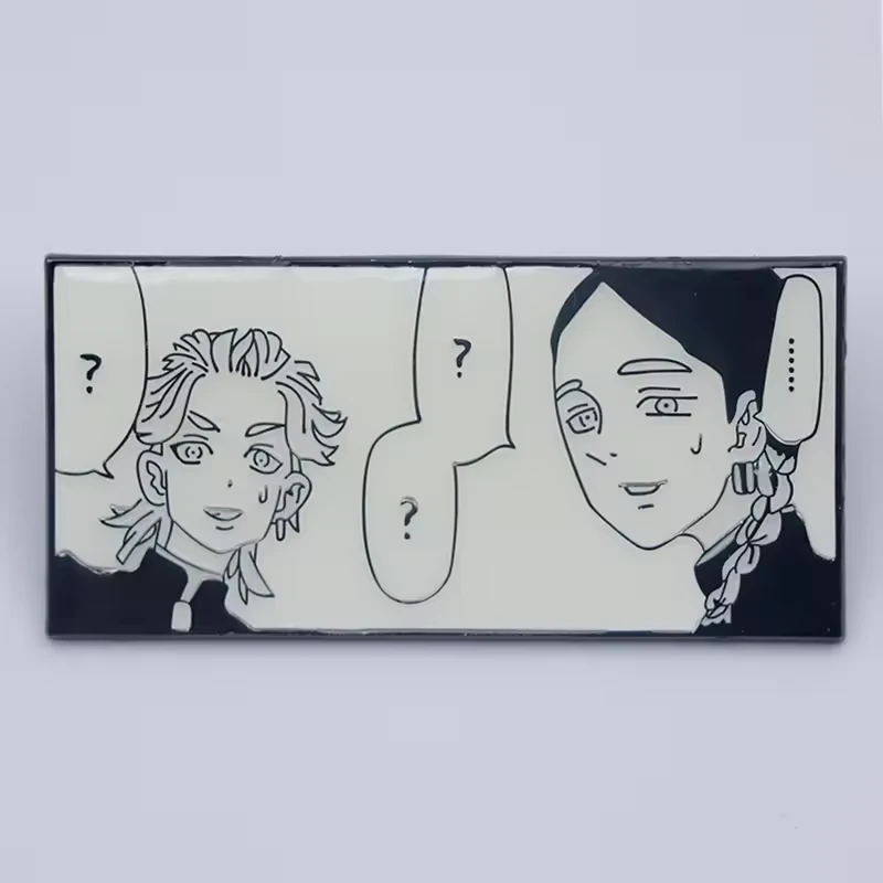 A rectangular pin with two black-and-white comic panels on a pale background.