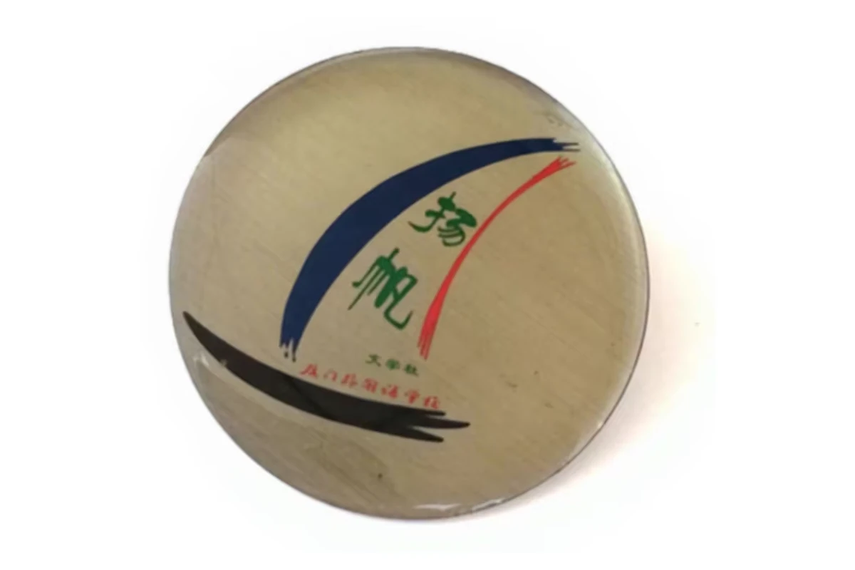 A round gold-colored metal badge with green lettering and curved blue, red and black graphics.