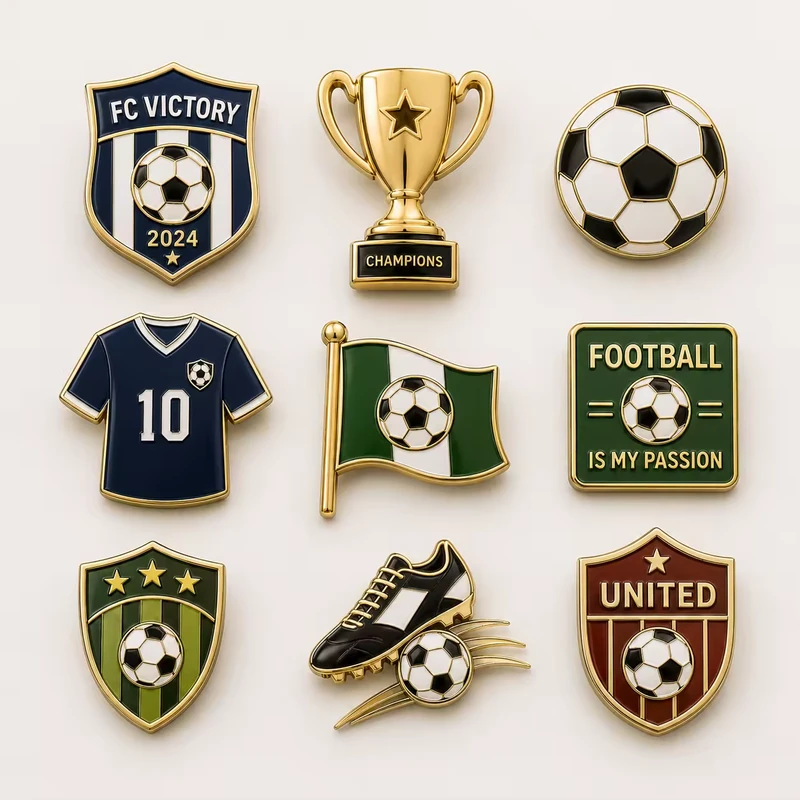 Nine football-themed pins including a club shield, trophy, jersey, ball and team flag.