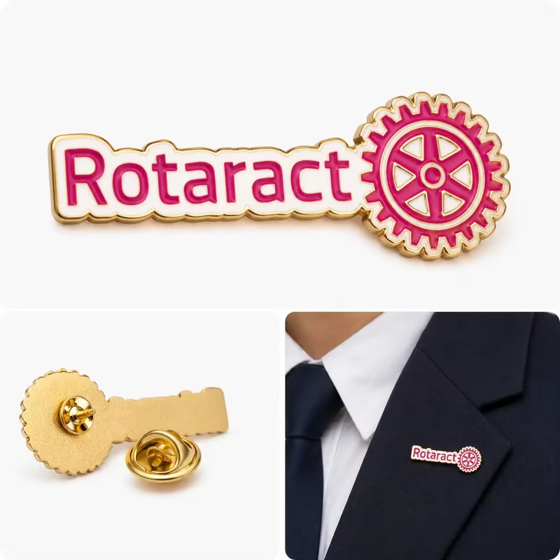 Gold and magenta Rotaract wordmark-and-gear pin with clasp and a jacket wearing example.