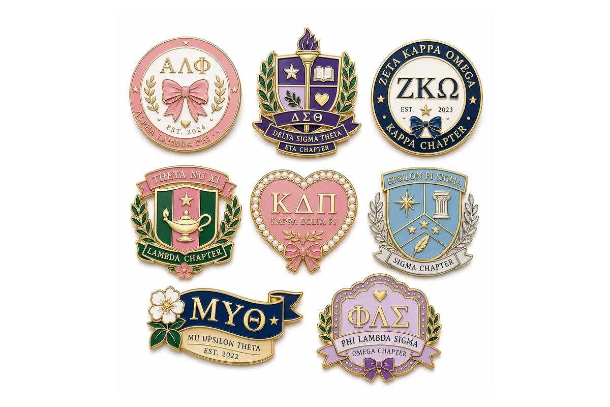 Eight colorful school and society crest pins arranged on a white background.