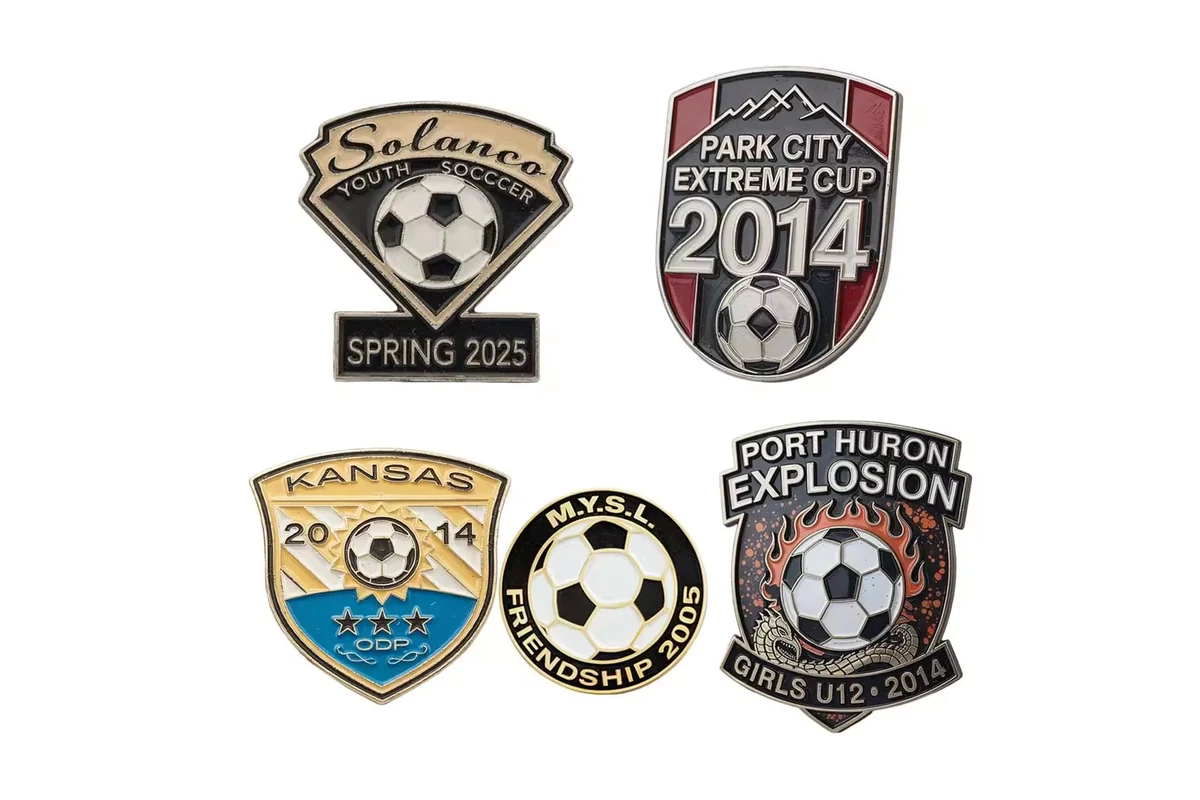 A selection of shield-shaped football club badges.