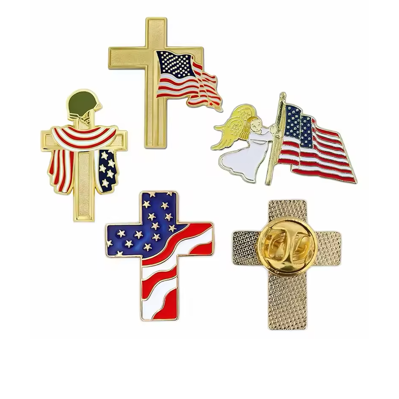 American flag-themed cross and angel pins shown with one textured cross back and butterfly clutch.