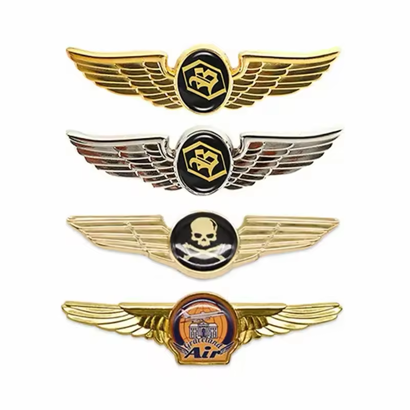 Four aviation wing pins in gold and silver tones with black or orange center emblems, including a skull and crossbones design.