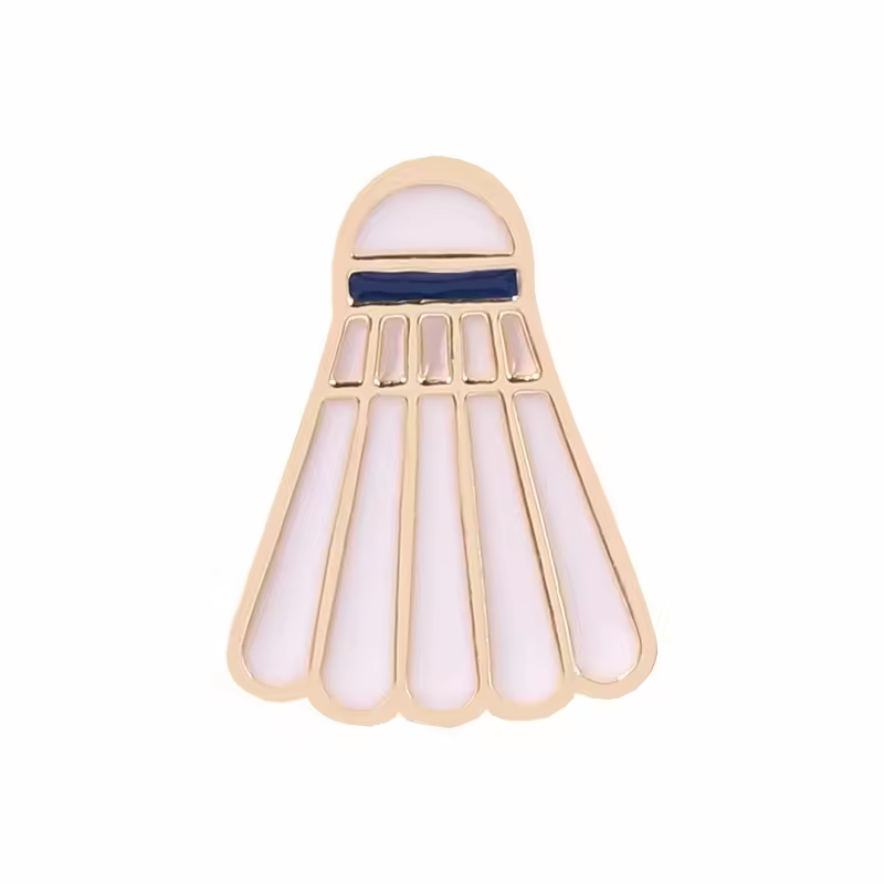 White badminton shuttlecock pin with gold-colored outlines and a dark blue band.