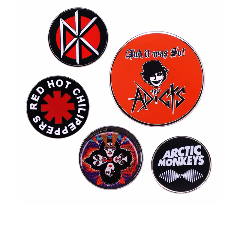 Five round music badges featuring band logos and artwork.