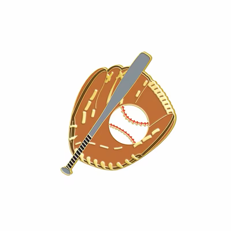 Gold-tone baseball pin featuring a tan glove, a white baseball with red stitching and a gray bat crossing the front.
