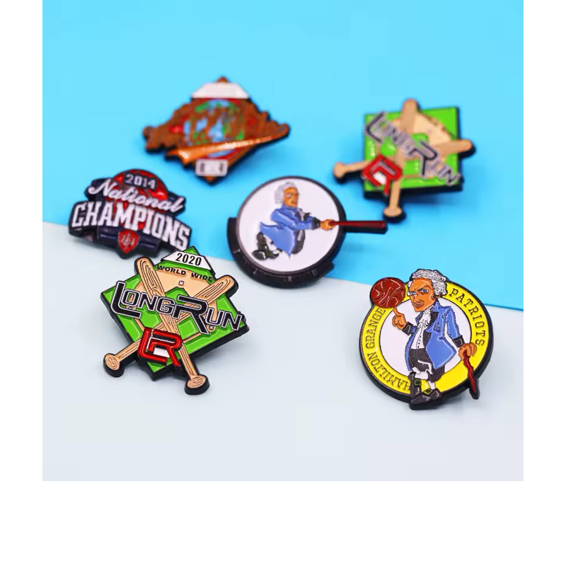 Assorted baseball trading pins with crossed bats, team lettering, championship designs and historical-style characters, arranged on a cyan and pale gray background.