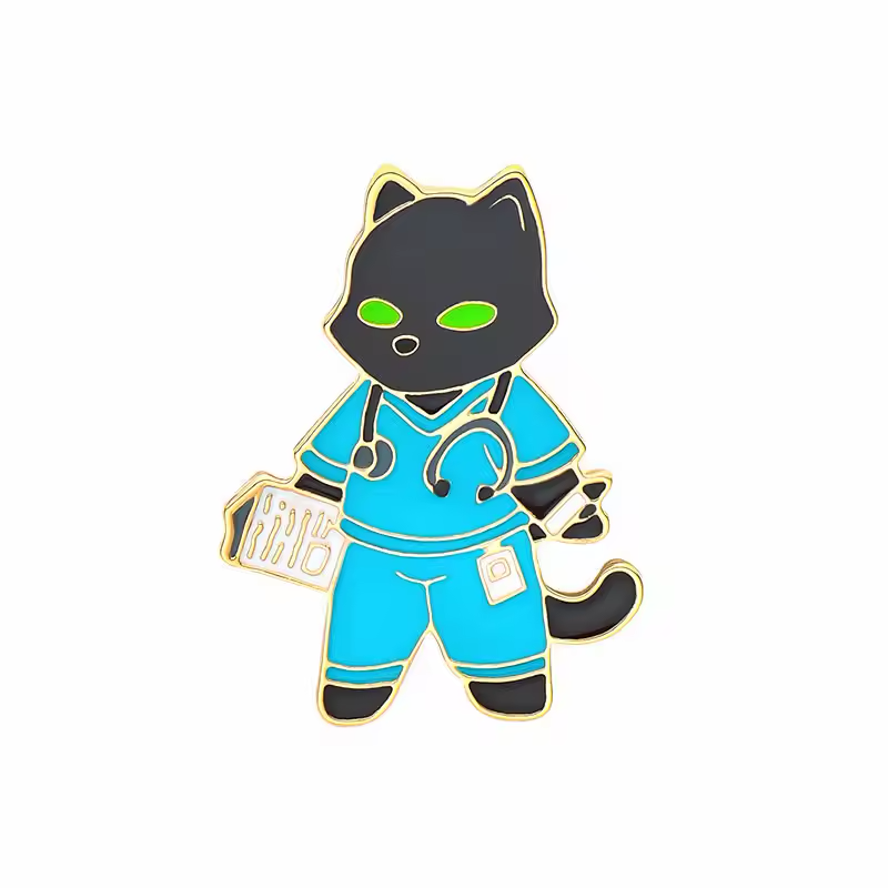 Black cat pin with green eyes, turquoise scrubs, a stethoscope and a clipboard, outlined in gold tone on a white background.