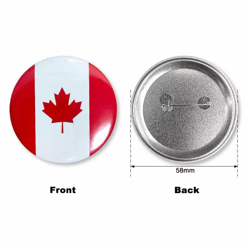 Canada flag button badge front beside a silver-tone pin-back reverse, with Front, Back and 58mm labels on a white background.