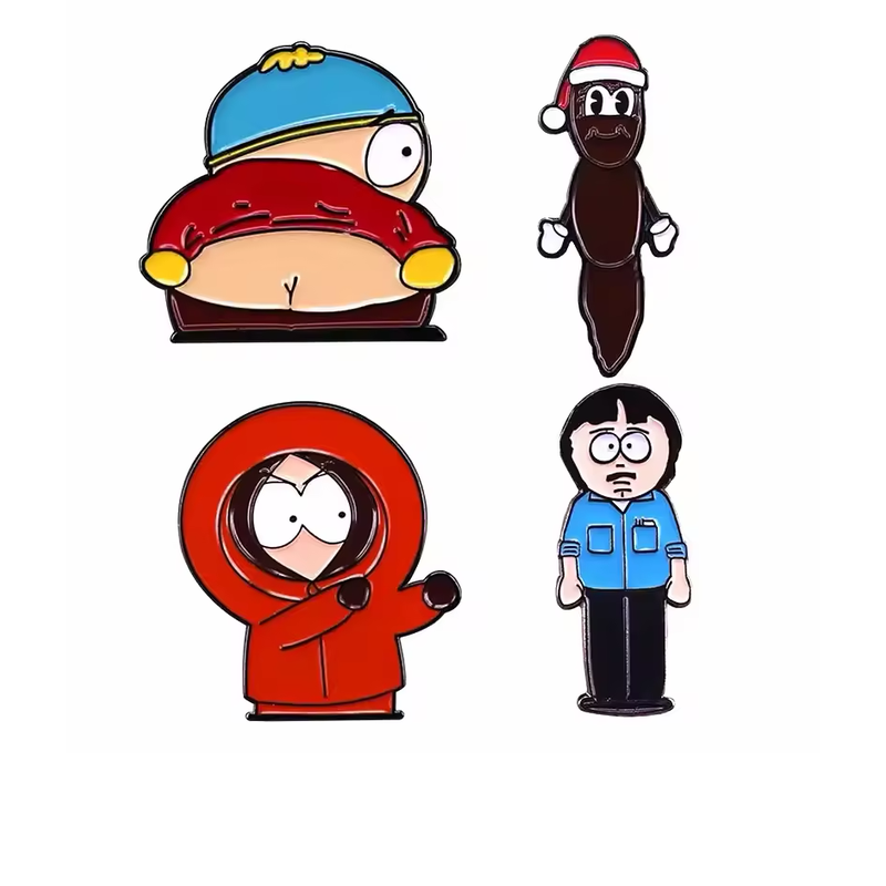 Four cartoon character pins with a blue cap, Santa hat, orange hood and blue shirt.