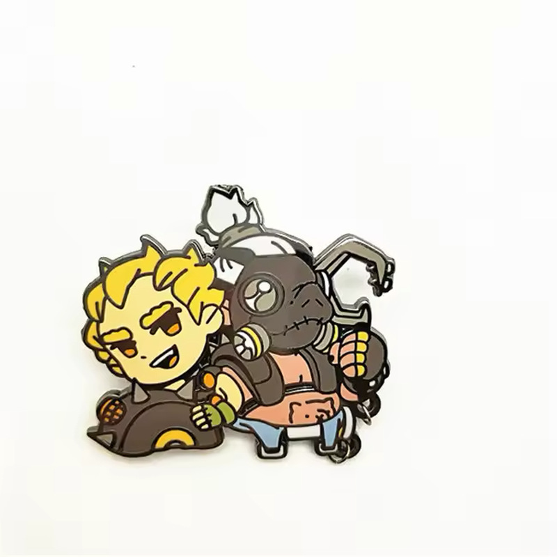 Pin featuring a masked cartoon character beside a blond-haired character.