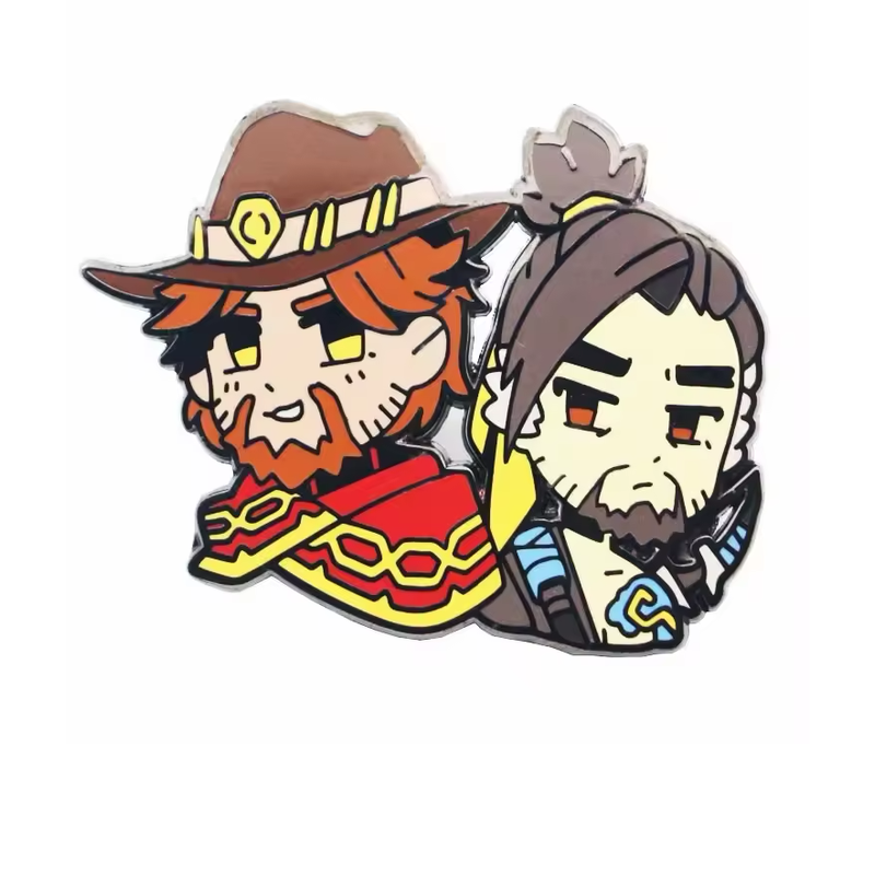 Two-character cartoon pin showing an orange-haired bearded cowboy in a brown hat and red clothing beside a dark-haired bearded character with a topknot and blue details on a white background.