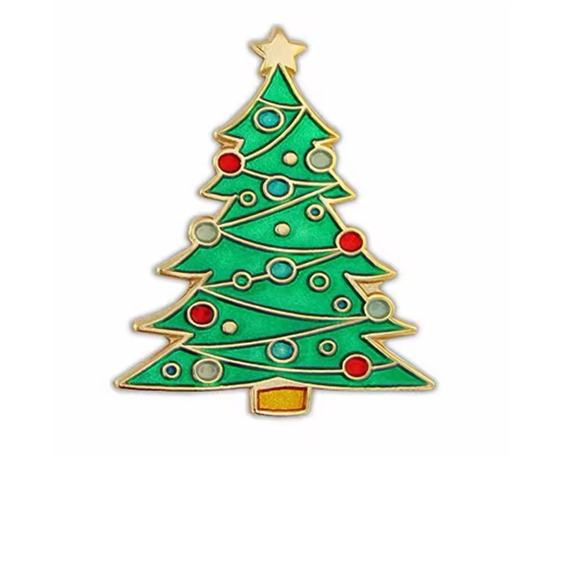 Green Christmas tree pin decorated with a gold-colored star, garlands and multicolored round ornaments.