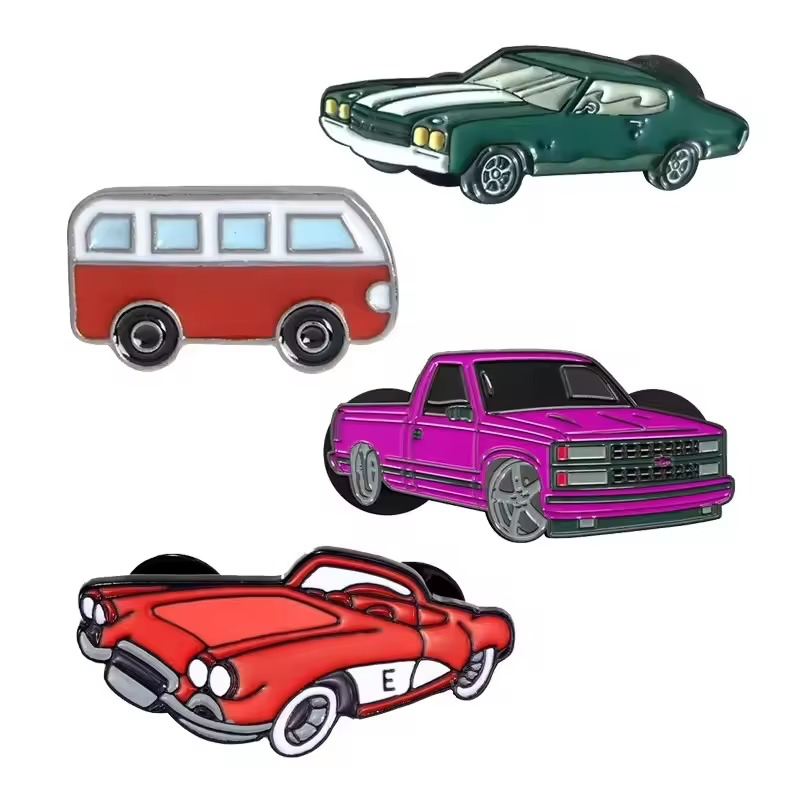 Four vehicle pins showing a dark green classic car with white hood stripes, a red-and-white van, a purple pickup truck and a red classic car with white side detail on white.