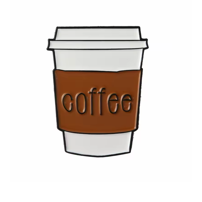 White takeaway coffee cup pin with a white lid, brown sleeve, black outlines and lowercase coffee lettering.