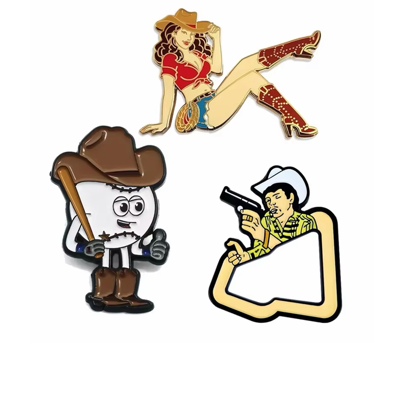 Western accessories showing a seated cowgirl pin in a red shirt and boots, a cartoon tooth cowboy pin holding a bat, and a cowboy-shaped bottle opener with a pistol motif on a white background.