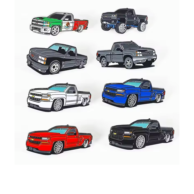 Eight pickup truck pins including a green-white-red Mexican flag design, a lifted black truck and gray, white, blue, red and black designs on a white background.