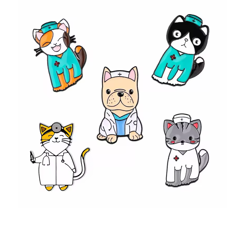 Five cartoon animal pins dressed as medical staff, with four cats and a dog wearing turquoise scrubs or white coats and medical caps on a white background.