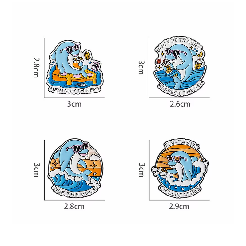Four blue dolphin pin designs with centimeter size labels.