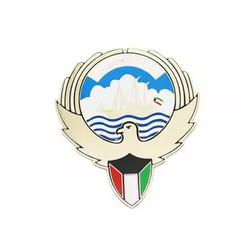 Gold-colored eagle emblem pin with a sailing ship, blue waves and a red, white, green and black shield.