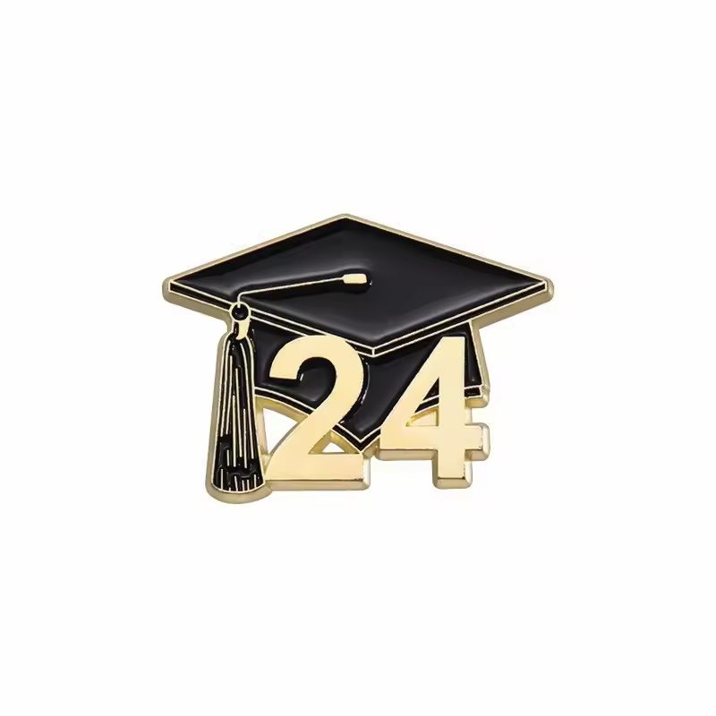 Black graduation cap pin with a black tassel and gold-colored 24 numerals.