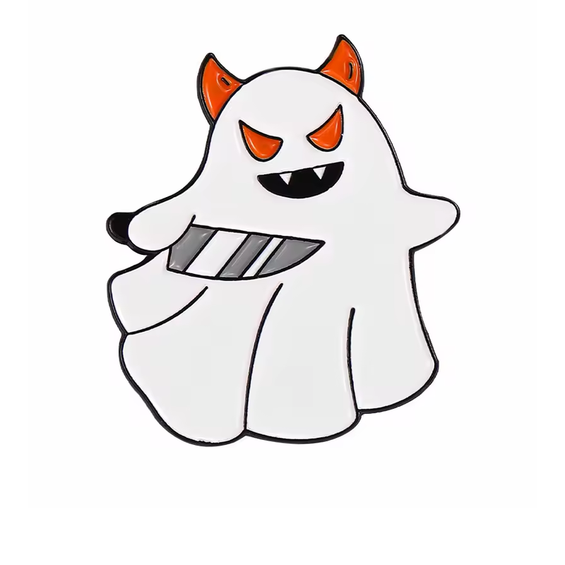 White ghost pin with orange horns and eyes, two fangs and a gray knife.