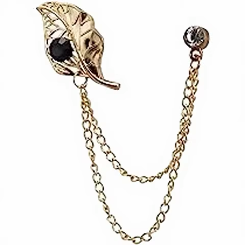 Gold-colored leaf pin with a dark center, two draped chains and a round end pin.
