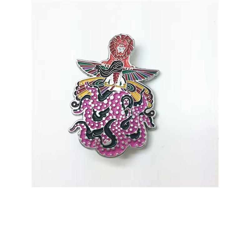 Fantasy creature pin combining a red lion head, multicolored spread wings and curling purple tentacles with white dots and silver-tone outlines on a pale background.