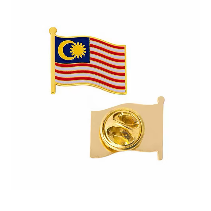 Malaysian flag pin shown from the front and gold-colored back with a butterfly clutch.