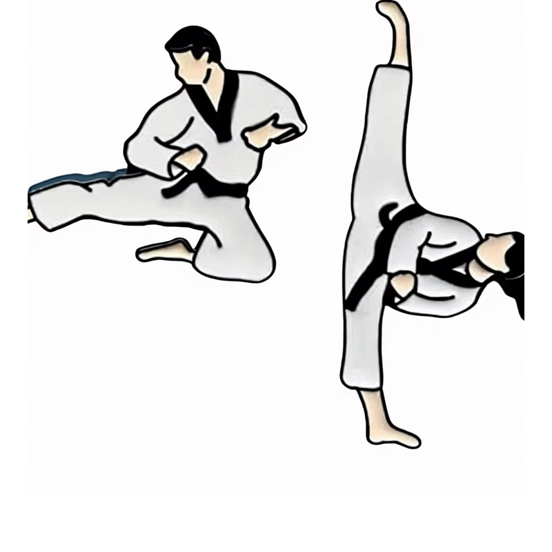 Two martial arts figure pins in white uniforms with black belts, posed in kicks; parts of the figures extend beyond the original photo edges.