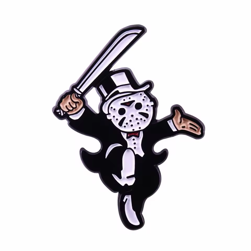 Masked character pin in a black tuxedo and top hat, holding a raised blade.