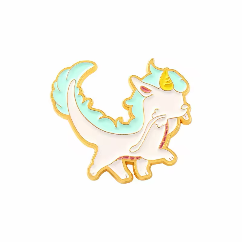 White cartoon dragon pin with a mint-green mane, yellow horn and gold-colored outlines.