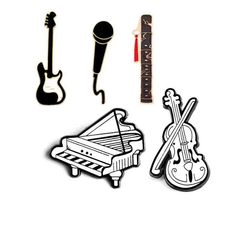 Music-themed pins featuring an electric guitar, microphone, wind instrument, grand piano and violin with a bow.