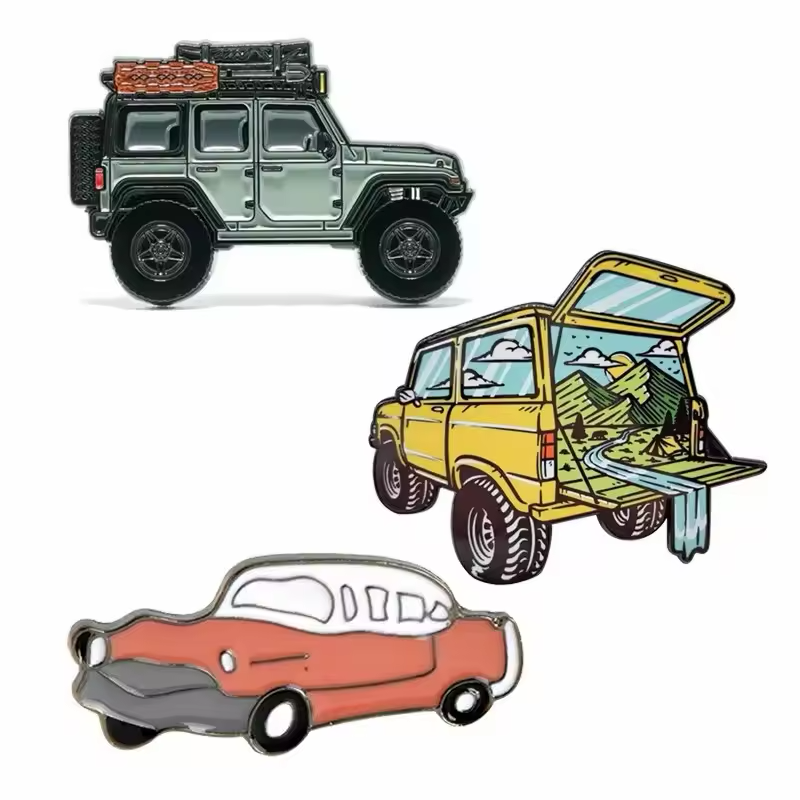 Vehicle pins showing a gray off-road SUV with roof luggage, a yellow vehicle with an open rear hatch framing a mountain-and-river scene, and an orange-and-white classic car on white.