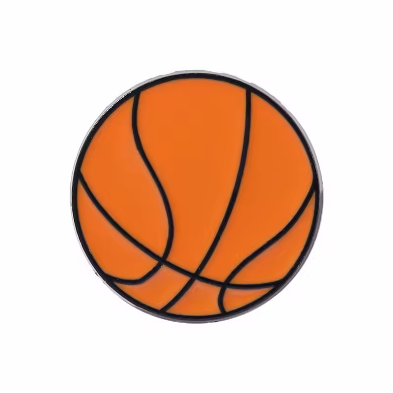 Orange basketball pin with black curved lines and a dark border.