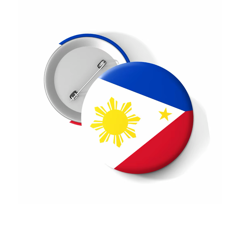 Round Philippines flag button badge with blue, red, white and yellow details, shown beside its silver-tone pin-back reverse on a white background.
