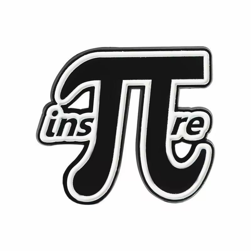 Black pi-symbol pin with white edging and ins and re lettering forming an inspire wordplay design on a white background.