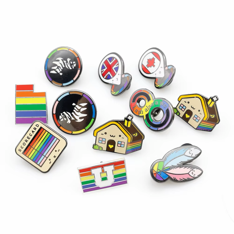 Assorted rainbow-themed pins with flag, house, feather, circular emblem and letter designs.